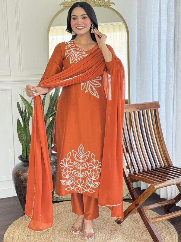 Rust Orange Embroidered Kurti Set